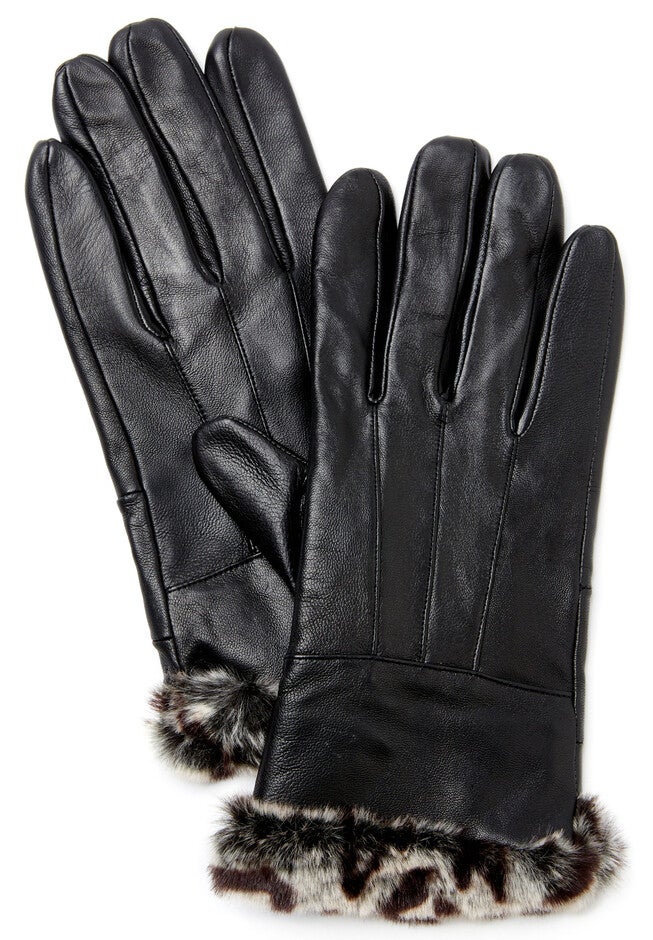 Leather Faux Fur Gloves, BLACK, hi-res image number null