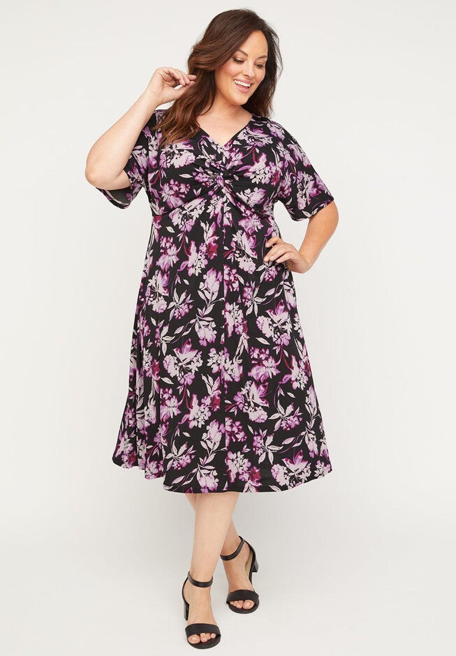 Lilac Twist-Knot Fit & Flare Dress, PURPLE FLORAL, hi-res image number 0