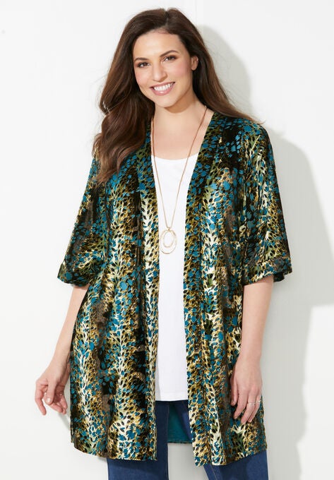 In-Vogue Velvet Kimono, TEAL ANIMAL, hi-res image number null