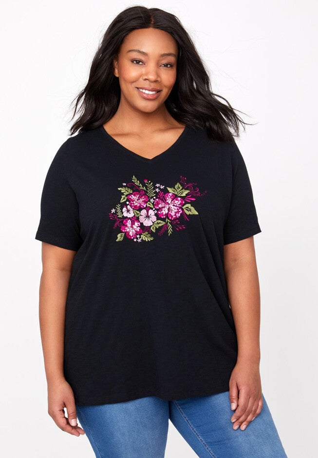 Hibiscus Embroidered Tee, BLACK, hi-res image number null