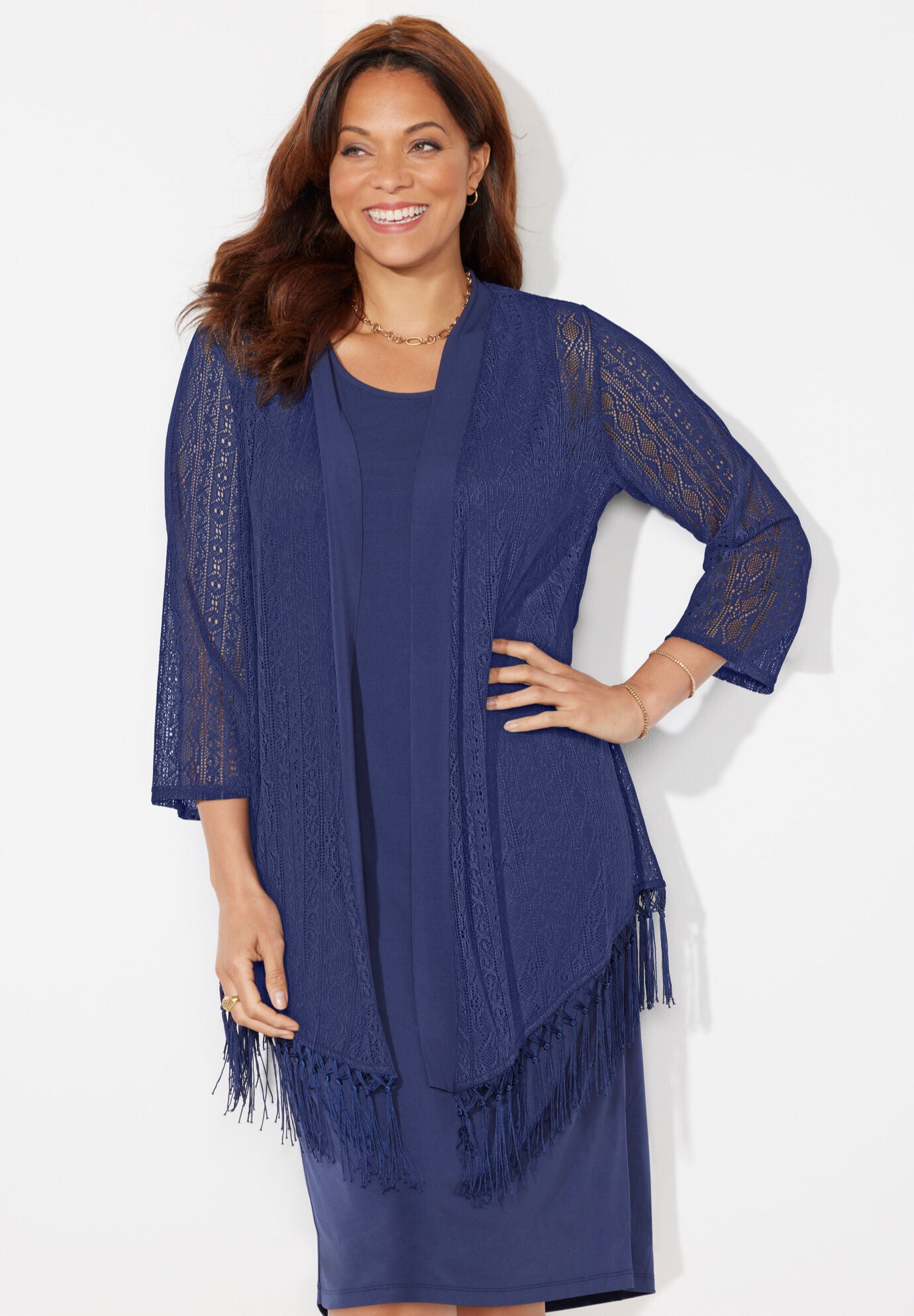 Crochet Fringe Jacket and Dress, NAVY, alternate image number 3