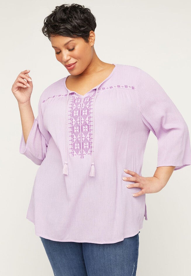 Embroidered Gauze Peasant Top, PINK, hi-res image number null