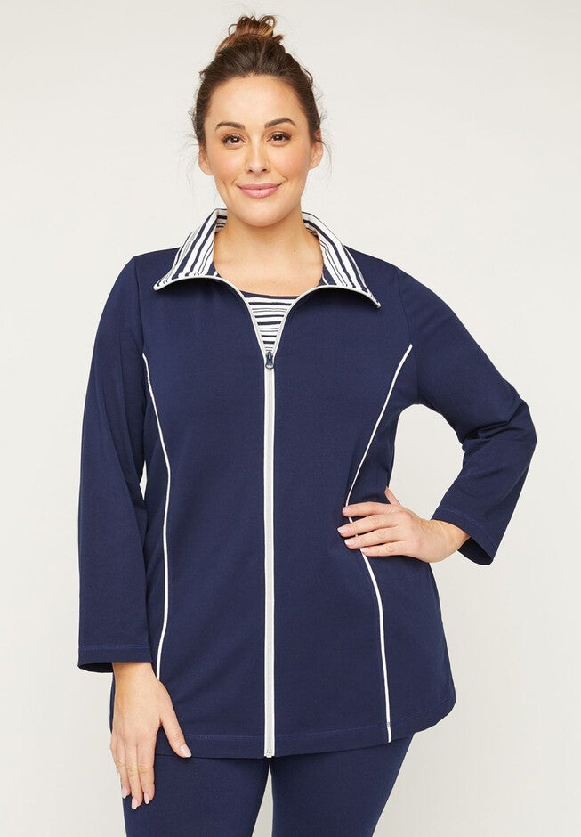 Striped-Neck Yoga Jacket with Side Piping, MARINER NAVY, hi-res image number 0