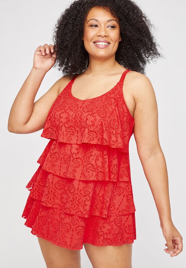 Crochet Flounce Swimdress, RED, hi-res image number null