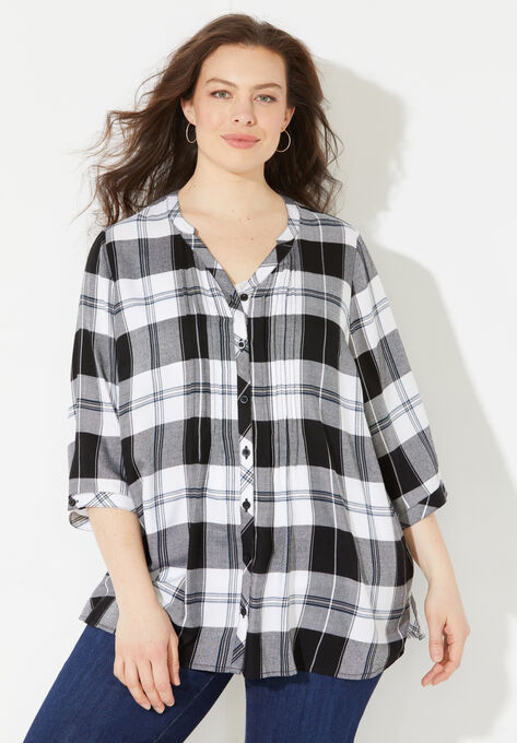 Effortless Pintuck Plaid Tunic, BLACK WHITE, hi-res image number null