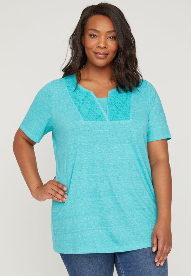 Heather & Lace Split Neck Tee, , hi-res image number null
