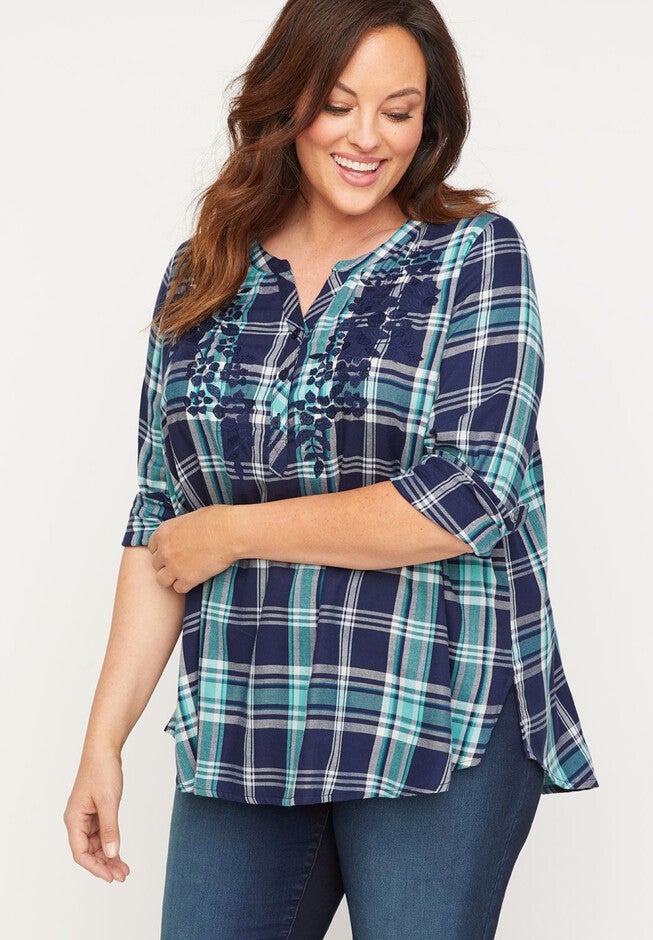 Lake Plaid Embroidered Top, BLUE PLAID, hi-res image number null