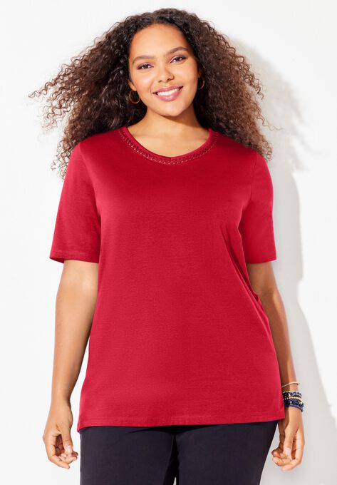 Suprema® Crochet V-Neck Tee, RED, hi-res image number null