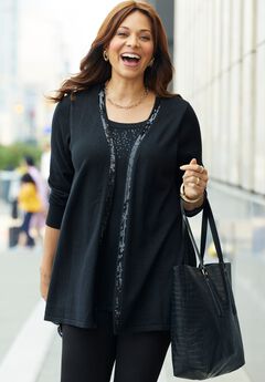 Sequin Trim Tank Cardigan Duet