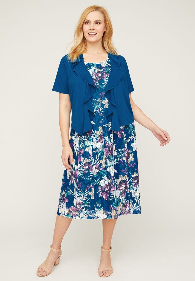 Floral Lace Jacket Dress, DEEP LAGOON PURPLE, hi-res image number null