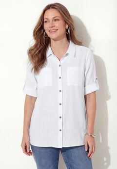 Linen Blend Roll-Cuff Camp Shirt