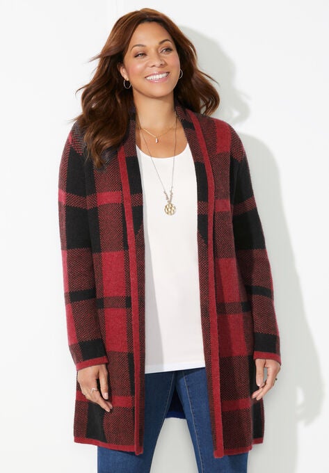 Country Village Sweater Cardigan, RED BLACK BUFFALO PLAID, hi-res image number null