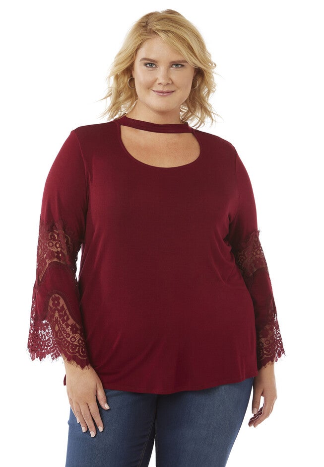 Allure Lace-Sleeve Top, DEEP SCARLET, hi-res image number null