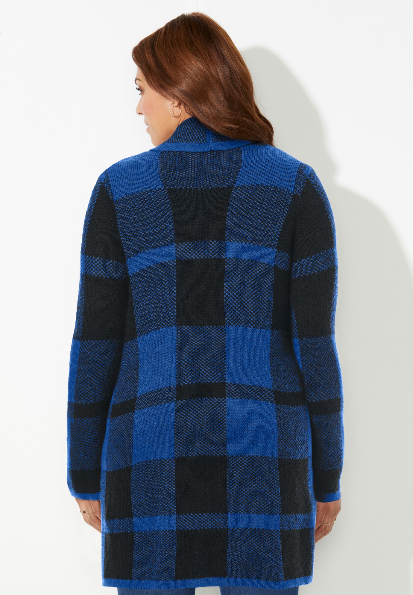 Warm Shawl Collar Country Village Cardigan Dark Sapphire Black Buffalo Plaid Catherines