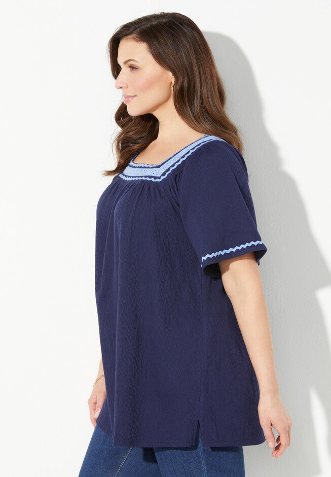 Square-Neck Gauze Peasant Top, , alternate image number 2