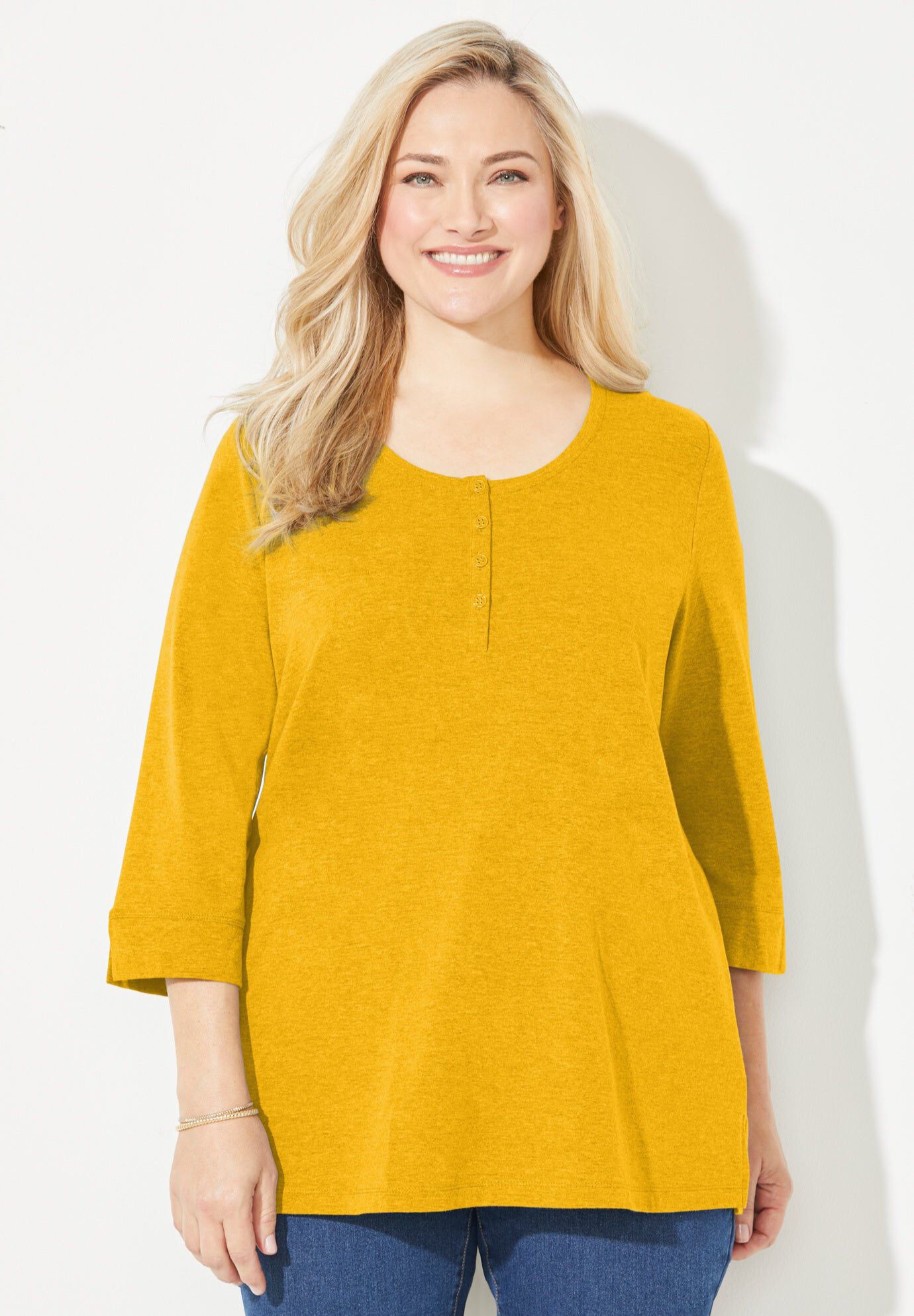 Liz&Me&reg; Knit Henley Top, HONEY MUSTARD, hi-res image number 0