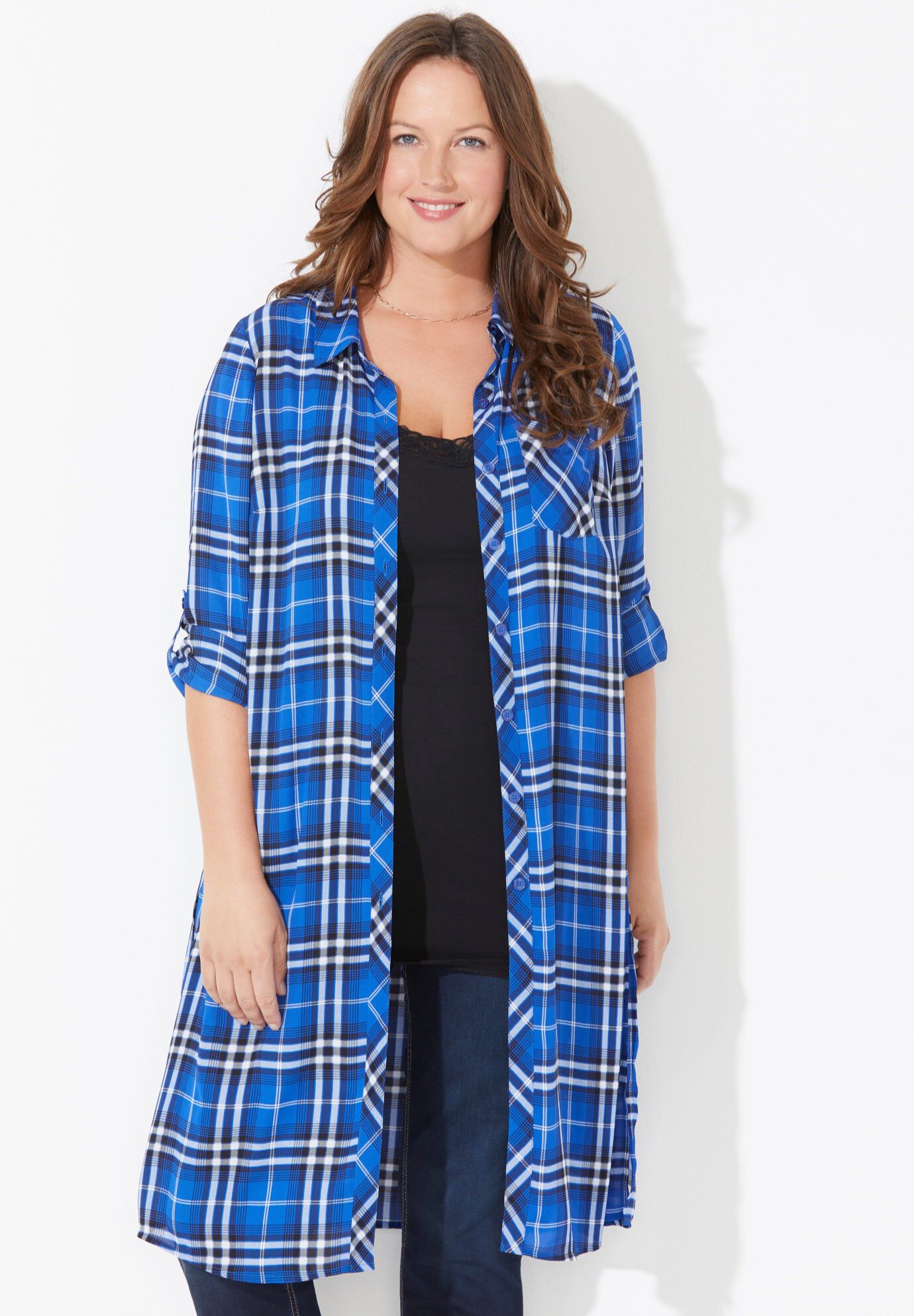 Georgette Plaid Duster, PLAID, hi-res image number 0