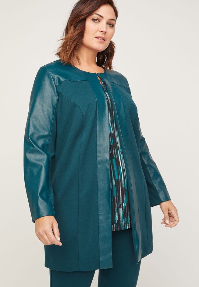 Black Label Ponte Jacket With Vegan Leather Trim, ROYAL TEAL, hi-res image number 0