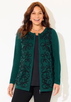 Zip-Front Embroidered Cardigan
