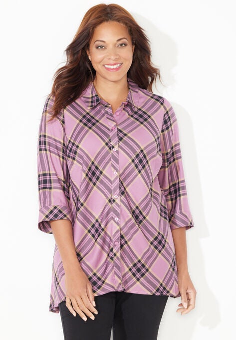 Buttonfront Plaid Tunic, DEEP MAUVE PLAID, hi-res image number null