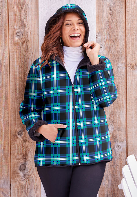 Printed Fleece Coat with Sherpa Lining, MIDNIGHT TEAL PLAID, hi-res image number null