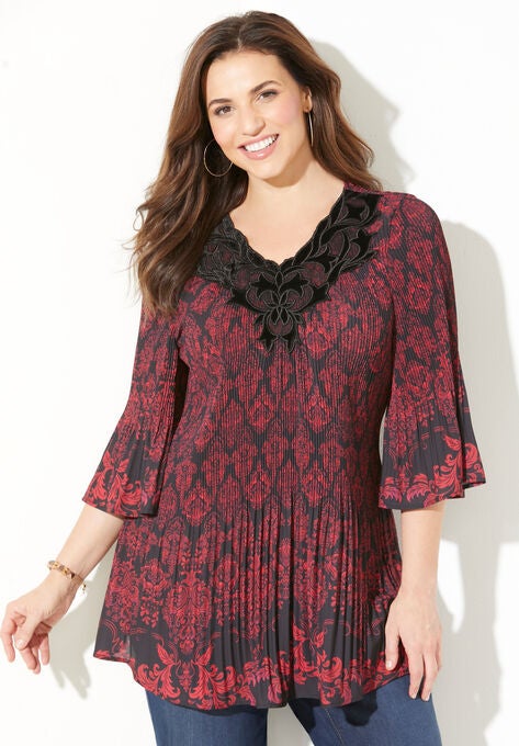 Velvet Trim Pleated Blouse, PINK BLACK PAISLEY PRINT, hi-res image number null