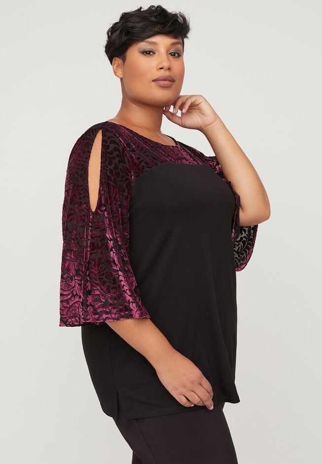 AnyWear Burnout Velvet Split-Sleeve Tunic, BLACK, hi-res image number null