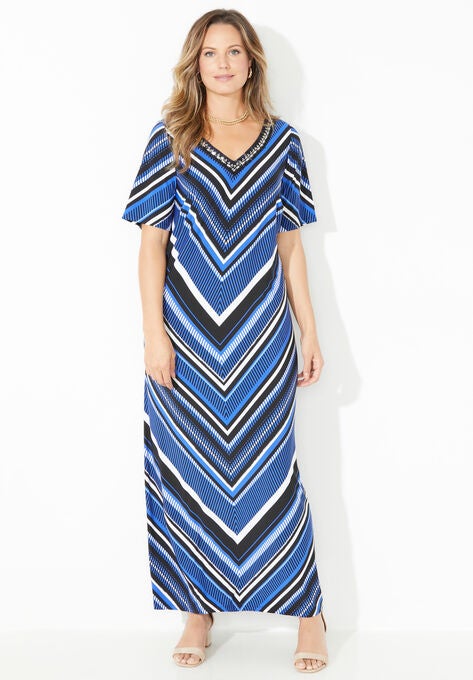 Long V-Neck Beaded Maxi Dress, DARK SAPPHIRE CHEVRON STRIPE, hi-res image number null