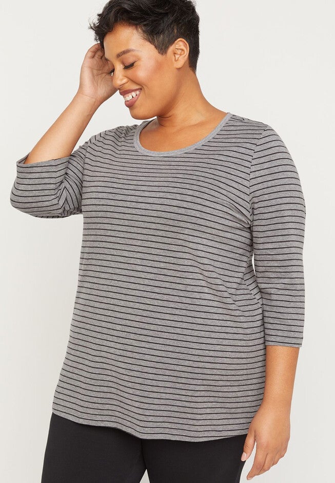 Striped Suprema 3/4-Sleeve Top, HEATHER GREY BLACK, hi-res image number 0