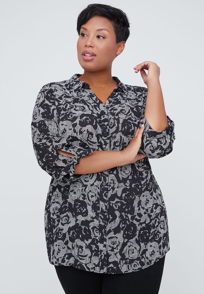 Breezy Georgette Buttonfront Top, BLACK AND WHITE, hi-res image number null