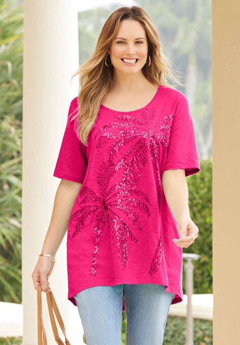 Slub Knit Sparkling Sequin Tee, PINK BURST PALM TREE GRAPHIC, hi-res image number null