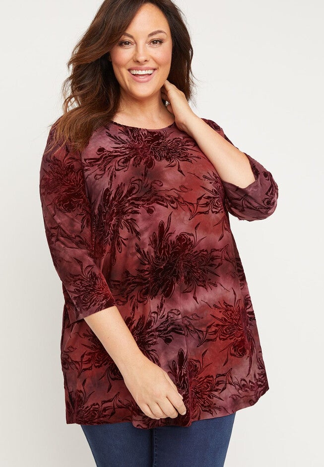 Blooming Hues Tunic Top, WINE TIE DYE, hi-res image number 0