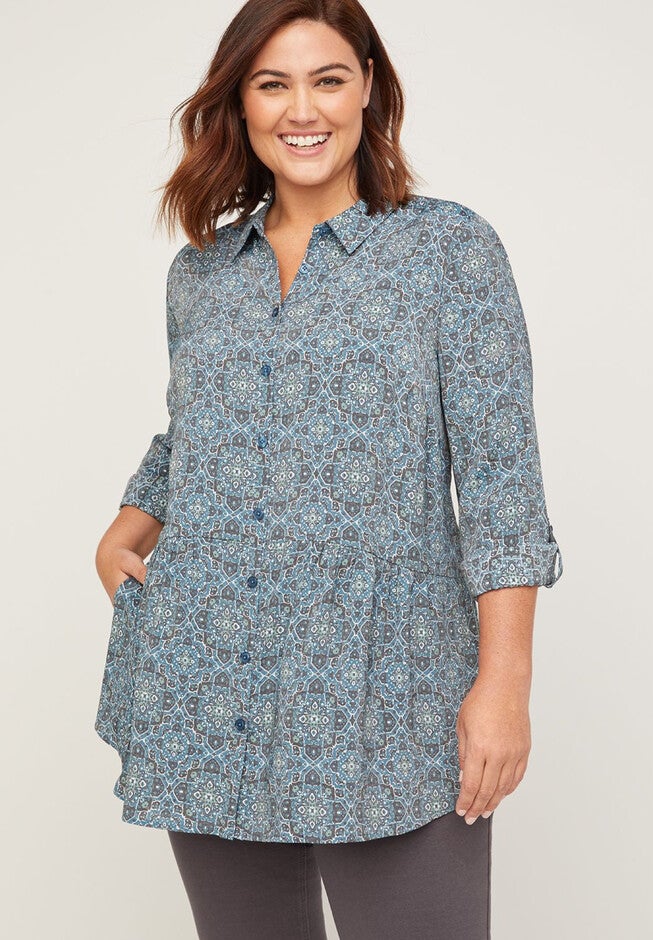 Pennsdale Peplum Tunic, TEAL GEO PRINT, hi-res image number null