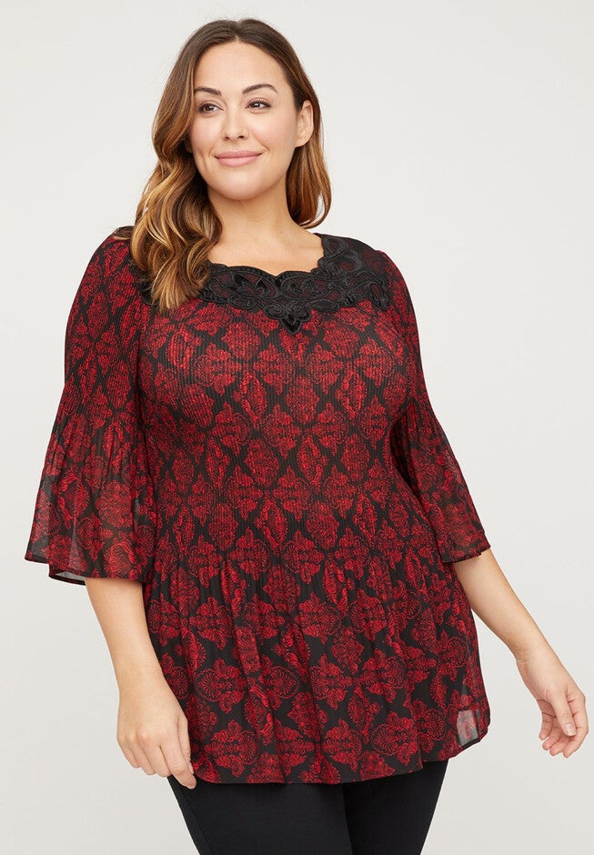 Crimson Imprint Pleated Top, BLACK AND RED, hi-res image number null