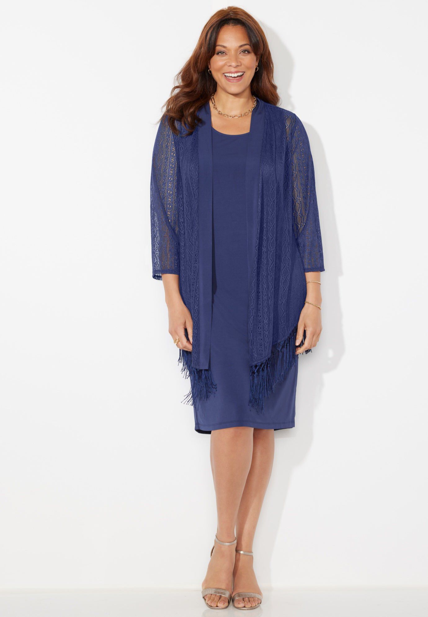 Crochet Fringe Jacket and Dress, NAVY, hi-res image number 0