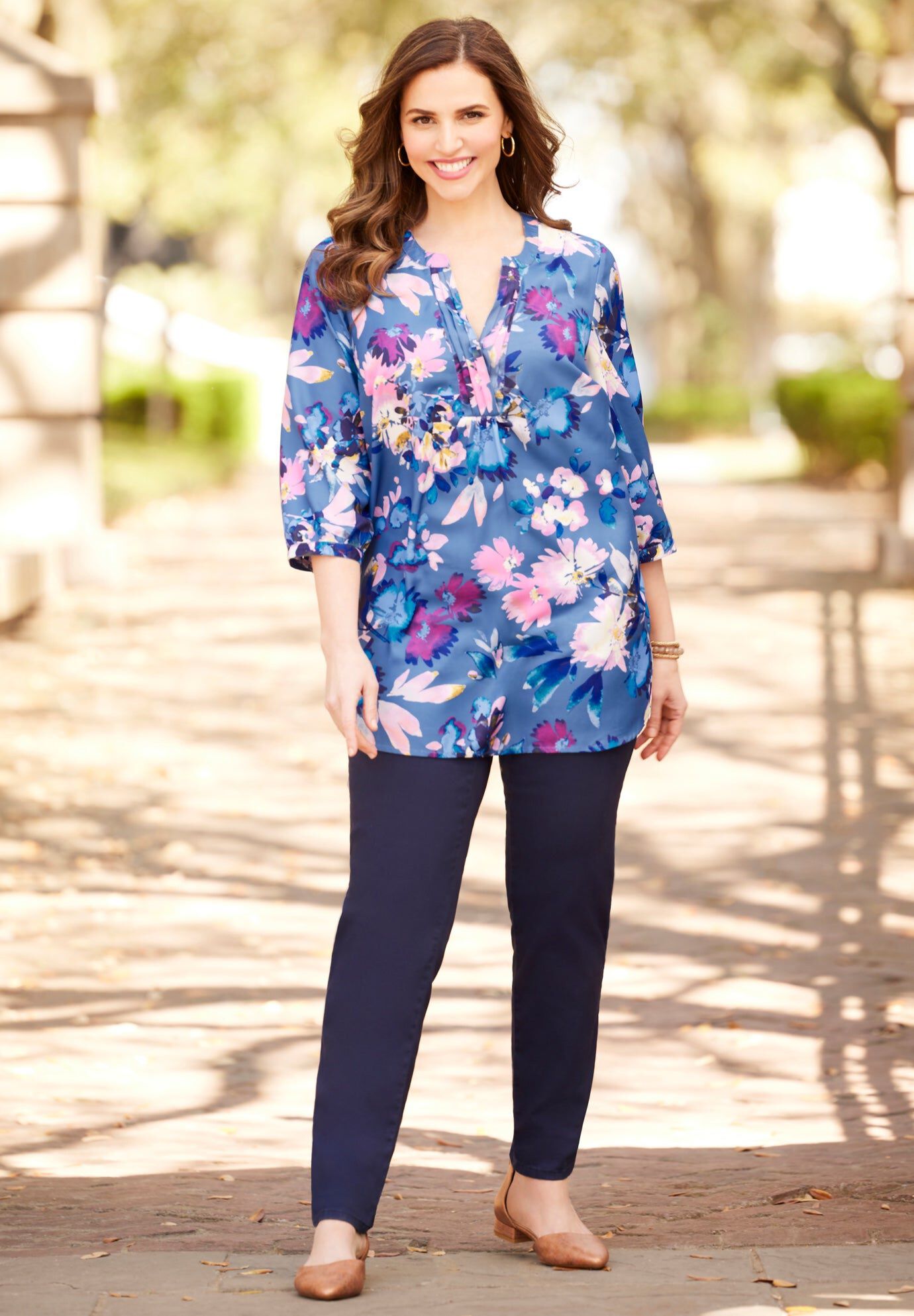 Georgette Buttonfront Blouse with Tie Sleeve, Classic Red Tossed 