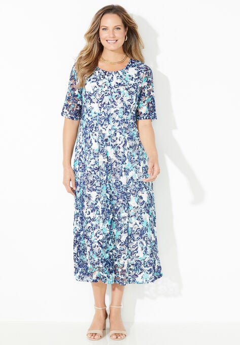 Stretch Lace Fit & Flare Dress, WHITE FLORAL SCROLL, hi-res image number null