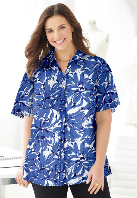 Timeless Short Sleeve Blouse, BLUE GRAPHIC FLOWER, hi-res image number null