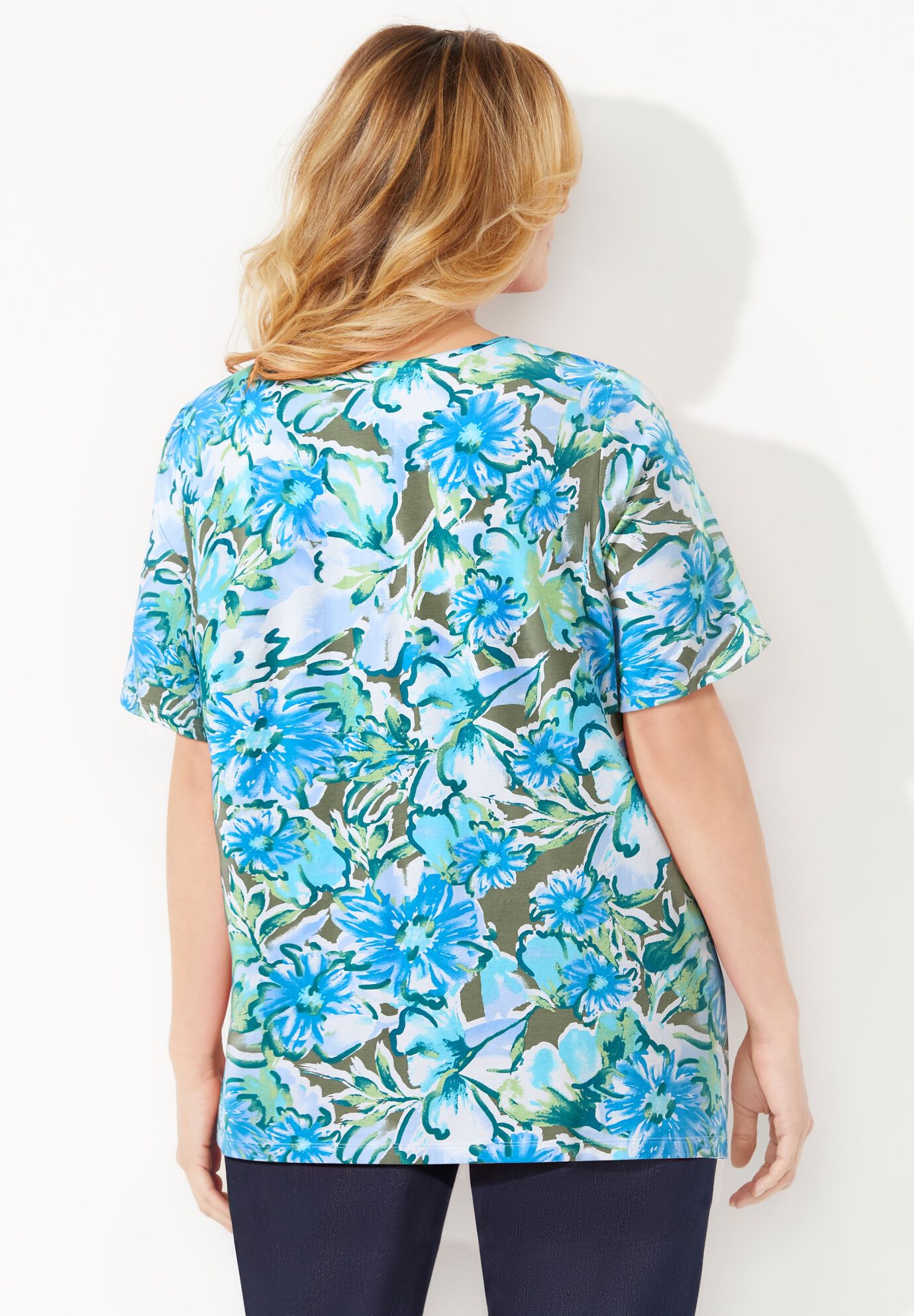 Suprema&reg; Short Sleeve V-Neck Tee, OLIVE GREEN WATERCOLOR FLORAL, on-hover image number 1