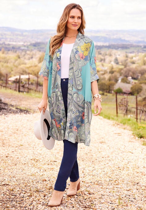 Luxe Georgette Long Kimono, TURQ FLORAL PAISLEY, hi-res image number null