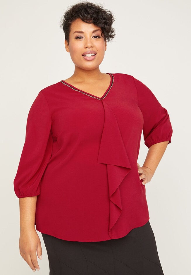 Black Label Drape-Front Blouse, RUMBA RED, hi-res image number 0