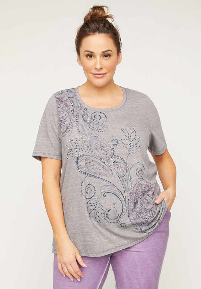 Swirling Studded Tee, HEATHER GREY PAISLEY, hi-res image number null