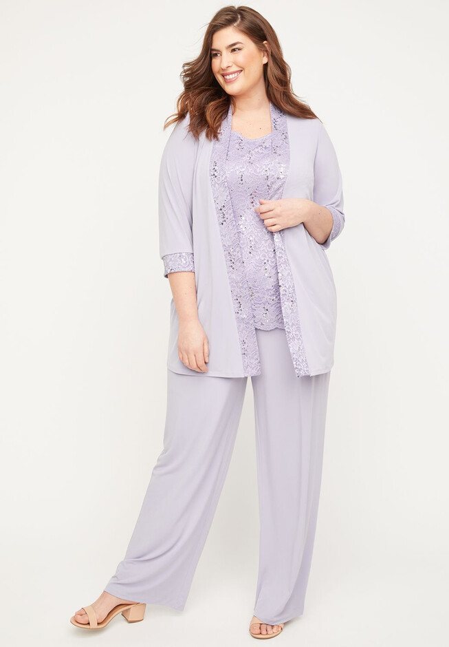 Roaman's Women's Plus Size Petite Three-Piece Lace Duster & Pant Suit - 18  W, Gray