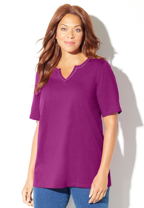 Suprema® Embroidered Notch-Neck Tee, BERRY PINK, hi-res image number null