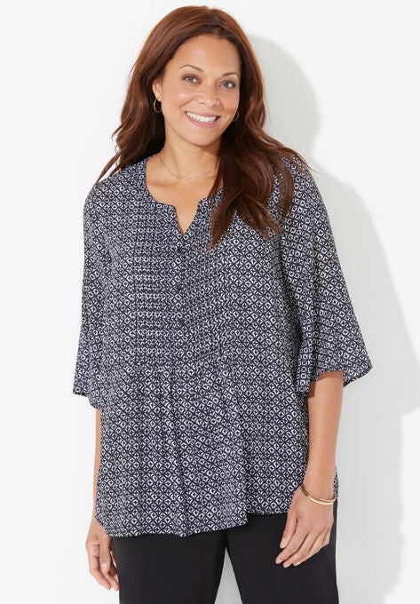 Georgette Flounce-Sleeve Top, BLACK GEO, hi-res image number null