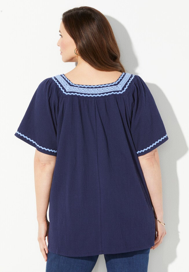 Square-Neck Gauze Peasant Top, , on-hover image number 1