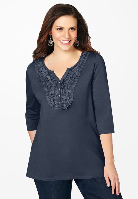 Crochet Placket Tee, NAVY, hi-res image number null