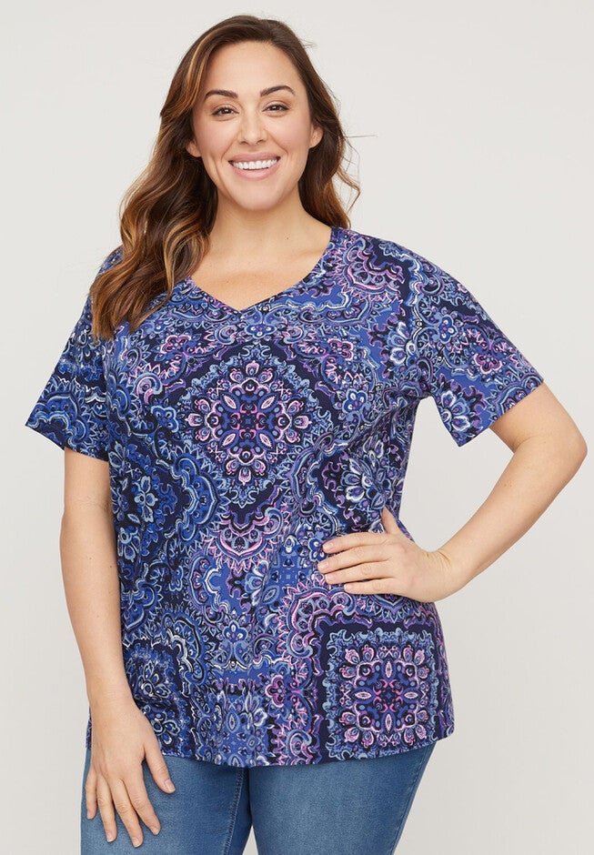 Periwinkle Bloom Short-Sleeve Tee, BLUE PURPLE MEDALLION PRINT, hi-res image number null