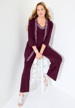 Beaded 3-Piece Cardigan Pant Suit