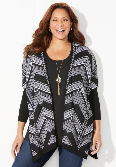 Sweater Ruana Wrap, BLACK WHITE COMBO, hi-res image number null